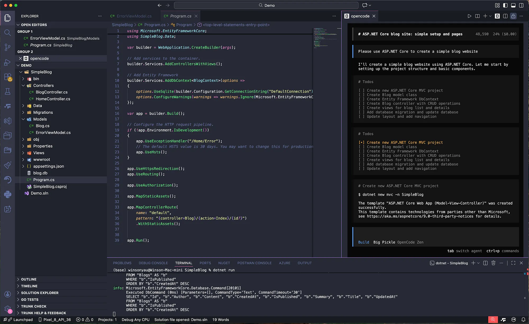 The ASP.NET Core blog site running in a browser, after the migration fix