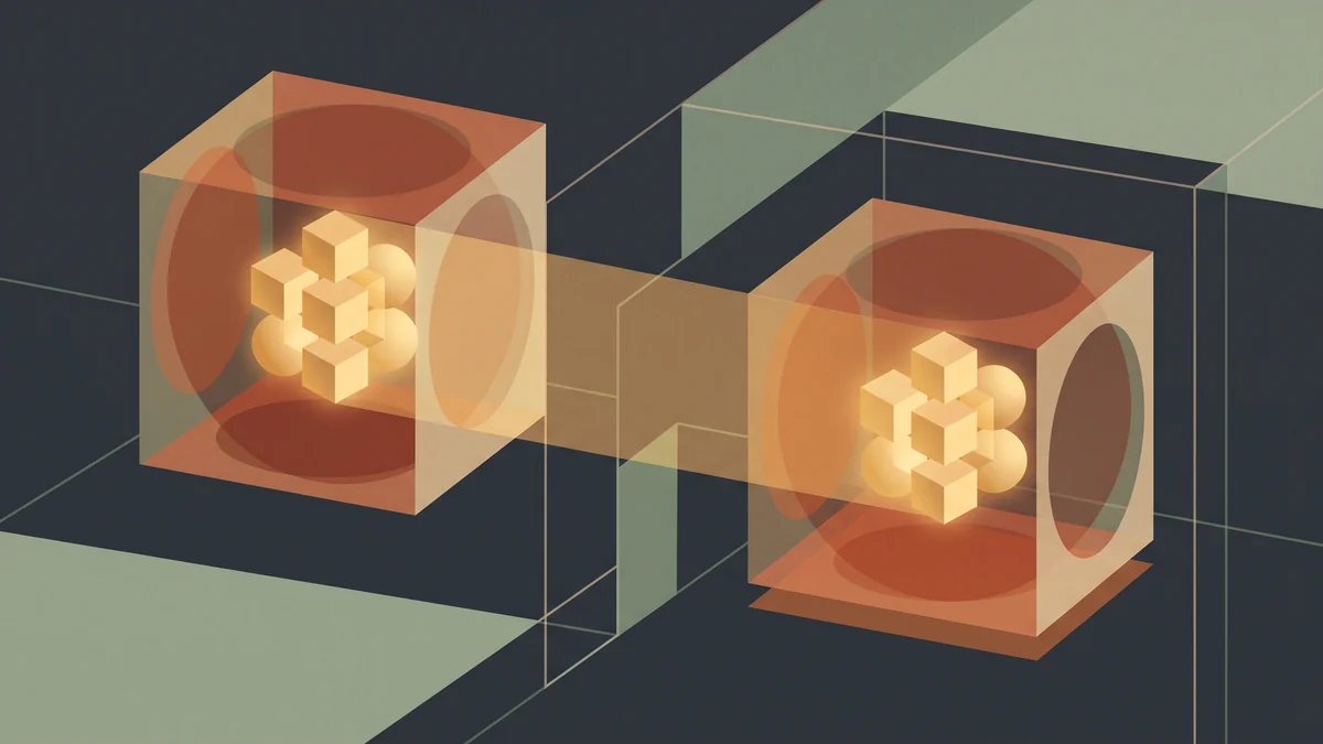 Abstract illustration of data duplicated into a second identical glowing chamber, warm earth palette on deep slate