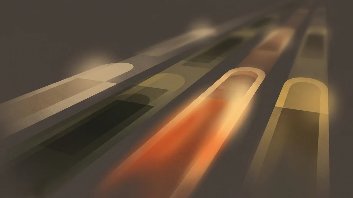 Abstract illustration of ordered work lanes with one burning bright and the others dimmed, burnt orange and sand on dark warm grey